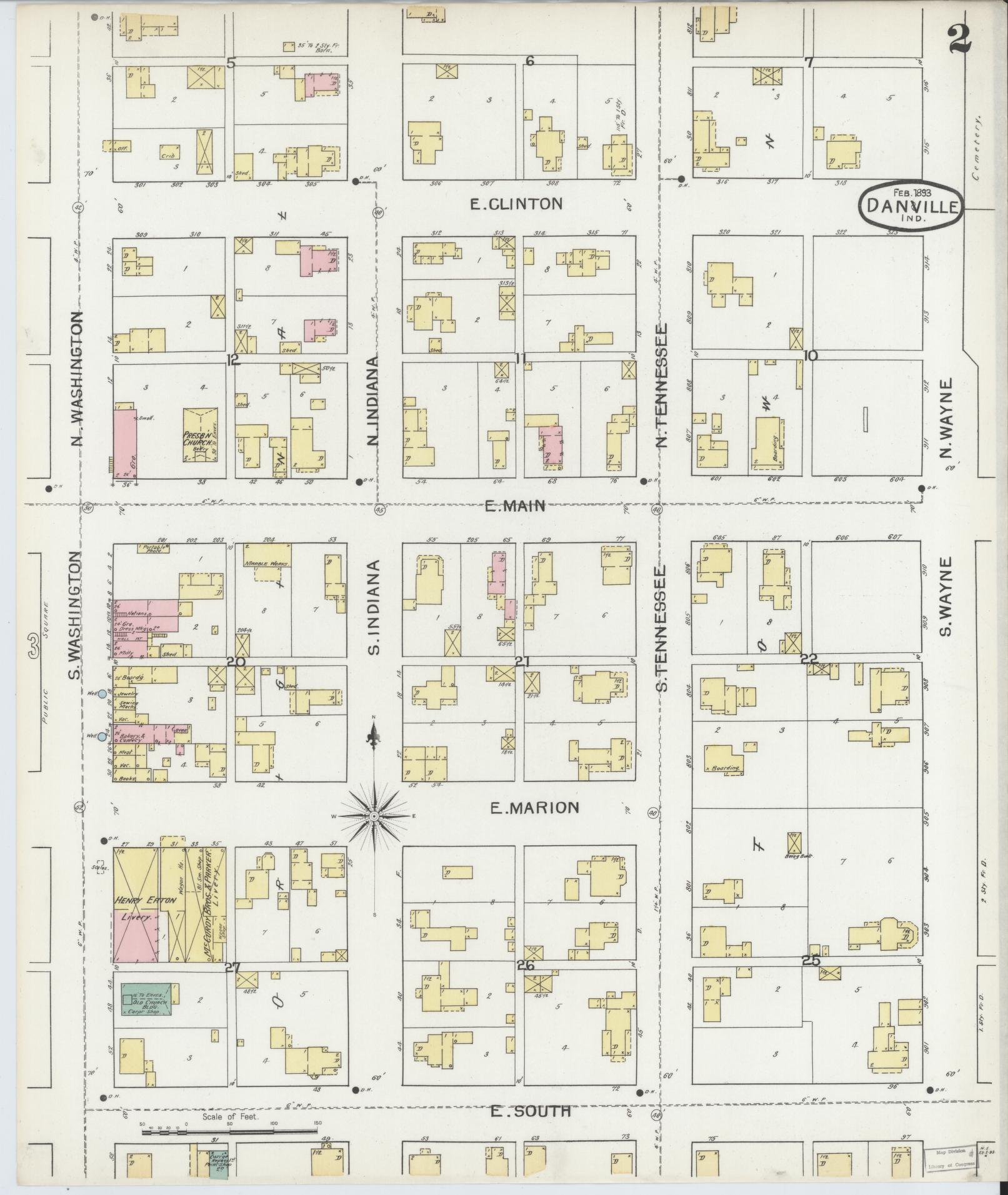 Sanborn Fire Insurance Map from Danville, Hendricks County, Indiana (1893), Sheet #0002 - Complete Map Set gallery image, historic Sanborn map, vintage wall art, Indiana Indiana
