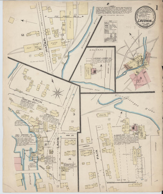 Sanborn Fire Insurance Map from Laconia, Belknap County, New Hampshire (1885), Sheet #0001 - Historic Sanborn Fire Insurance Map Print, vintage old map wall art, antique decor, genealogy gift, New Hampshire New Hampshire map