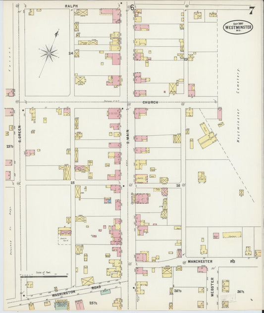 Sanborn Fire Insurance Map from Westminster, Carroll County, Maryland (1897), Sheet #0007 - Historic Sanborn Fire Insurance Map Print, vintage old map wall art, antique decor, genealogy gift, Maryland Maryland map