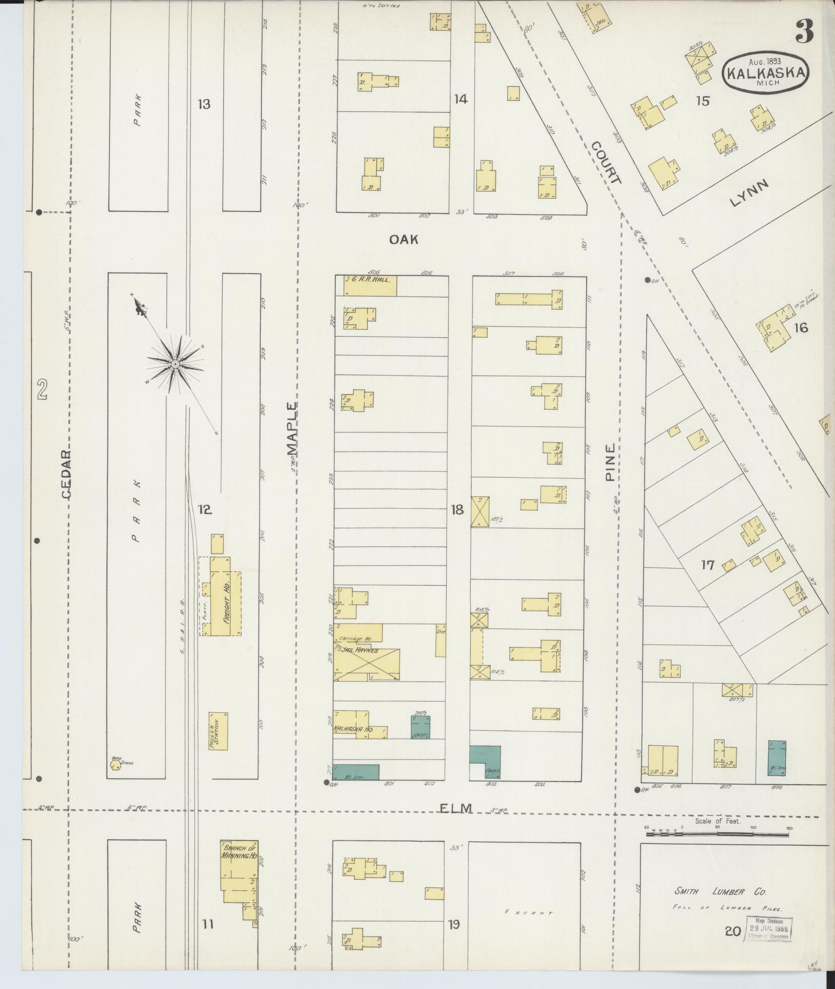 Sanborn Fire Insurance Map from Kalkaska, Kalkaska County, Michigan (1893), Sheet #0003 - Historic Sanborn Fire Insurance Map Print, vintage old map wall art, antique decor, genealogy gift, Michigan Michigan map