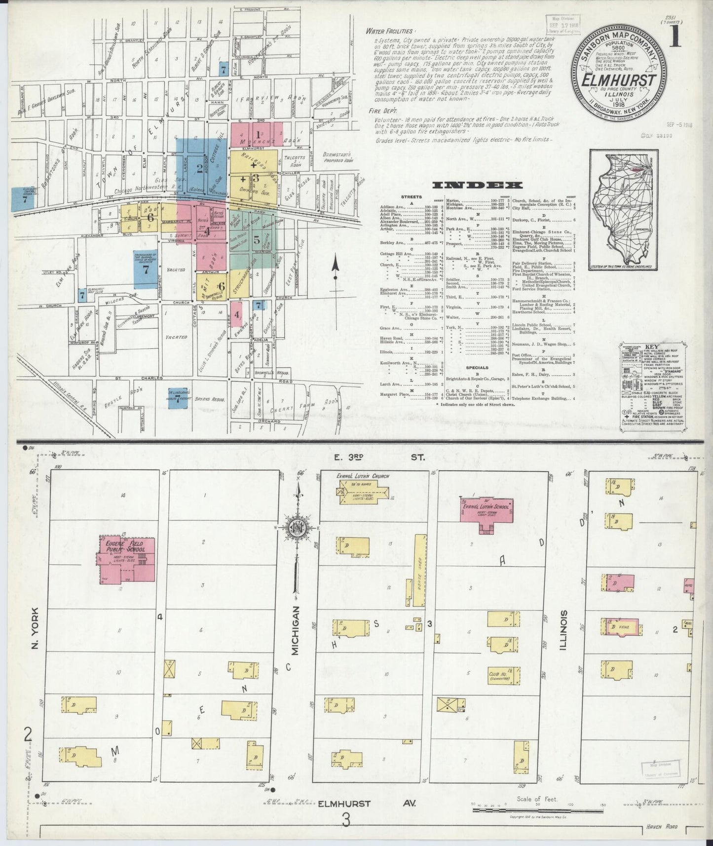 Sanborn Fire Insurance Map from Elmhurst, Du Page County, Illinois (1918), Sheet #0001 - Historic Sanborn Fire Insurance Map Print, vintage old map wall art, antique decor, genealogy gift, Illinois Illinois map