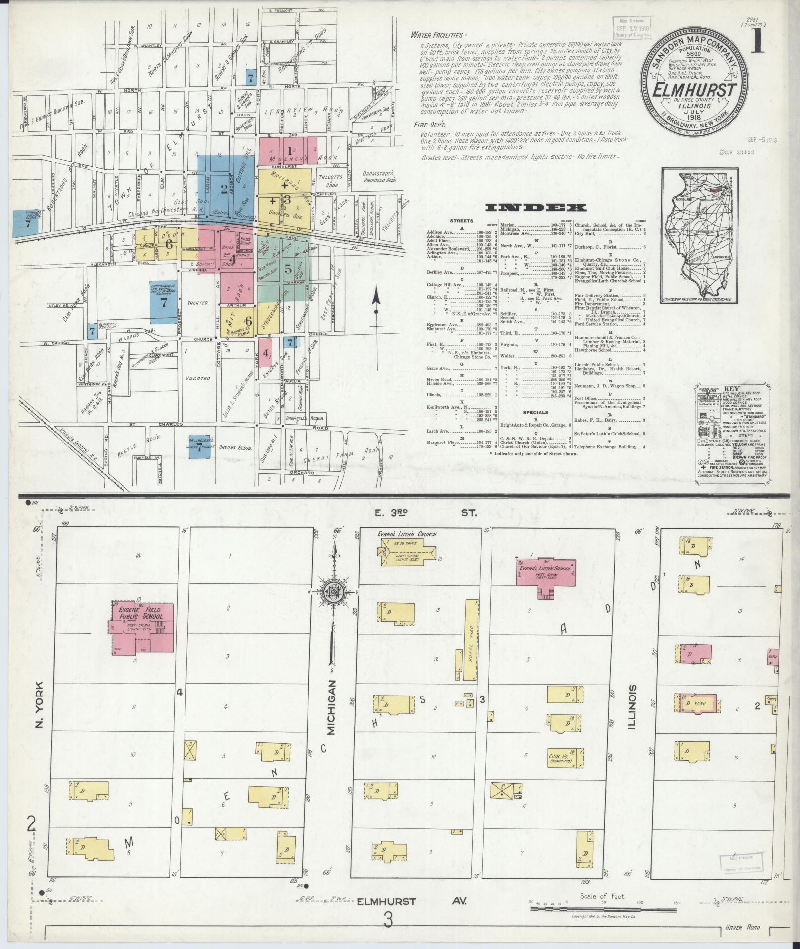 Sanborn Fire Insurance Map from Elmhurst, Du Page County, Illinois (1918), Sheet #0001 - Historic Sanborn Fire Insurance Map Print, vintage old map wall art, antique decor, genealogy gift, Illinois Illinois map