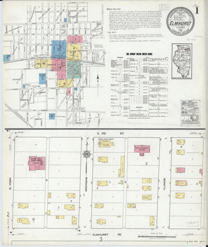 Sanborn Fire Insurance Map from Elmhurst, Du Page County, Illinois (1918), Sheet #0001 - Historic Sanborn Fire Insurance Map Print, vintage old map wall art, antique decor, genealogy gift, Illinois Illinois map