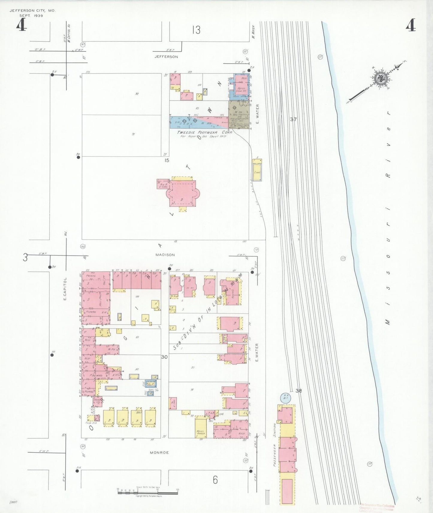 Sanborn Fire Insurance Map from Jefferson City, Cole County, Missouri (1939), Sheet #0004 - Complete Map Set gallery image, historic Sanborn map, vintage wall art, Missouri Missouri