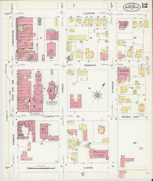 Sanborn Fire Insurance Map from Huntsville, Madison County, Alabama (1908), Sheet #0012 - Historic Sanborn Fire Insurance Map Print, vintage old map wall art, antique decor, genealogy gift, Alabama Alabama map