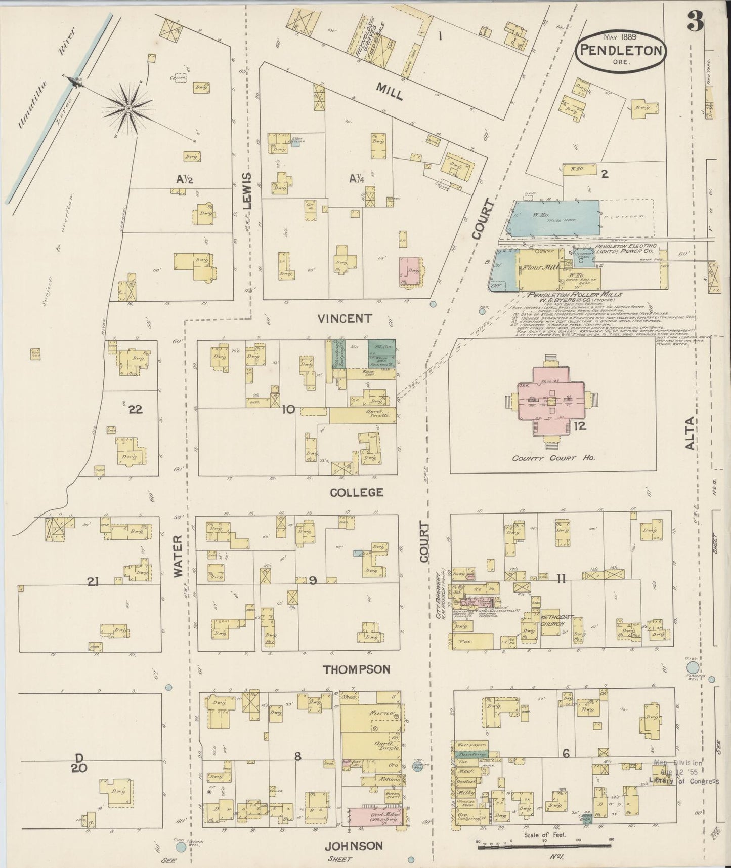 Sanborn Fire Insurance Map from Pendleton, Umatilla County, Oregon (1889), Sheet #0003 - Historic Sanborn Fire Insurance Map Print, vintage old map wall art, antique decor, genealogy gift, Oregon Oregon map
