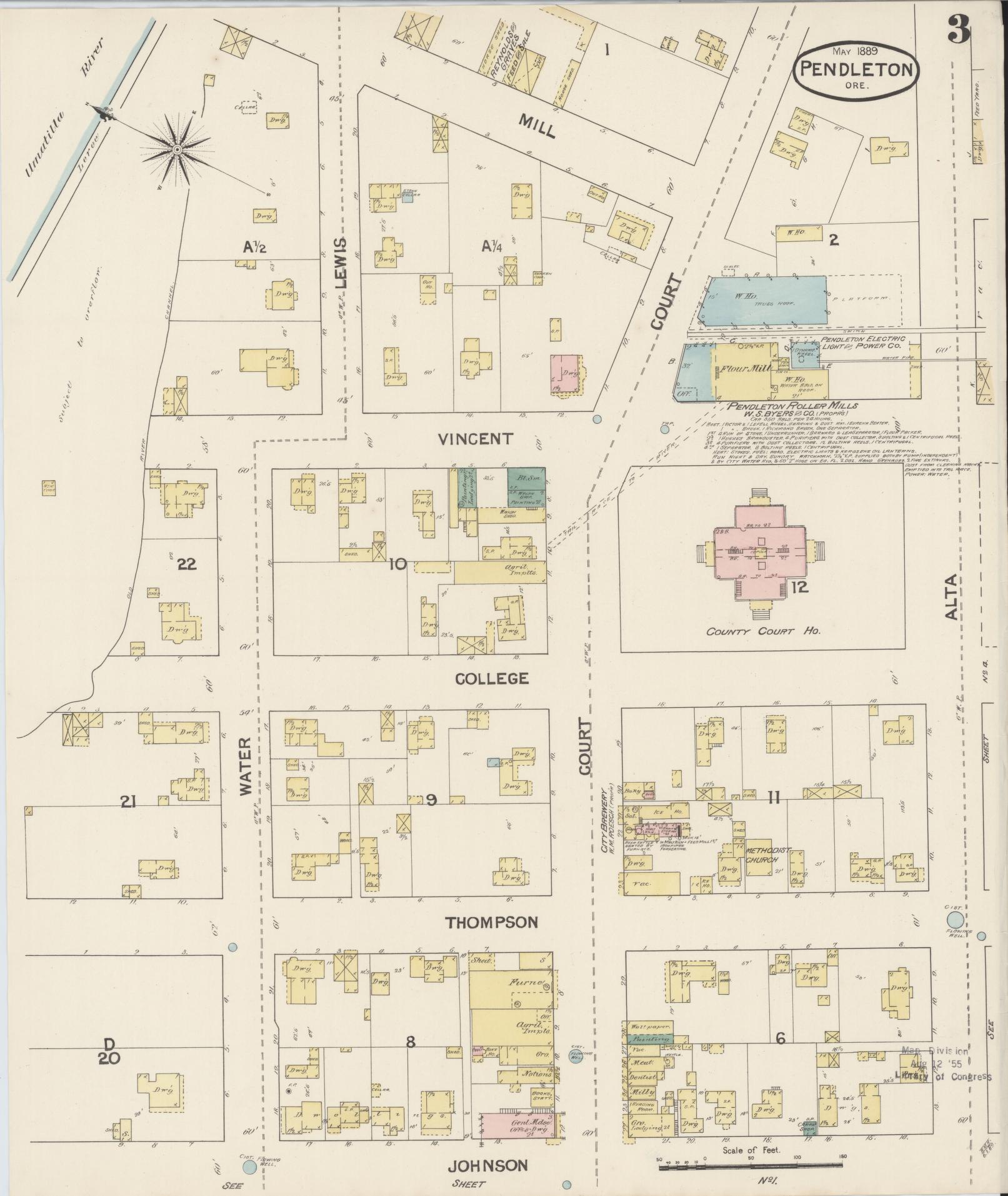 Sanborn Fire Insurance Map from Pendleton, Umatilla County, Oregon (1889), Sheet #0003 - Historic Sanborn Fire Insurance Map Print, vintage old map wall art, antique decor, genealogy gift, Oregon Oregon map