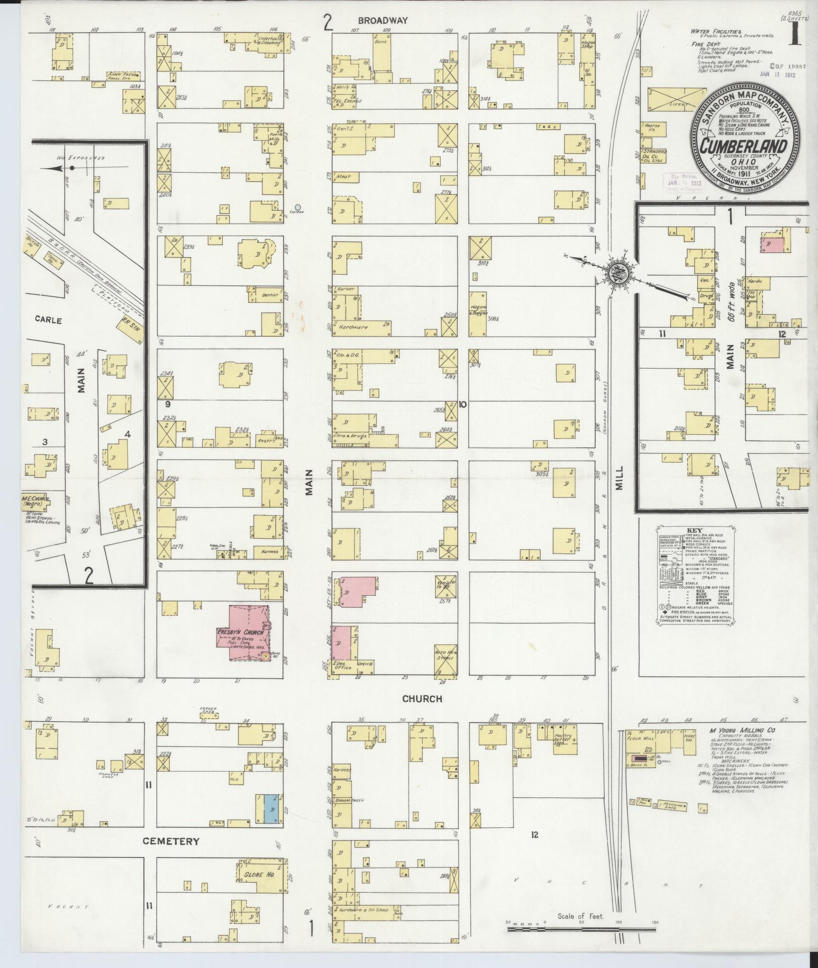 Sanborn Fire Insurance Map from Cumberland, Guernsey County, Ohio (1911), Sheet #0001 - Historic Sanborn Fire Insurance Map Print, vintage old map wall art, antique decor, genealogy gift, Ohio Ohio map