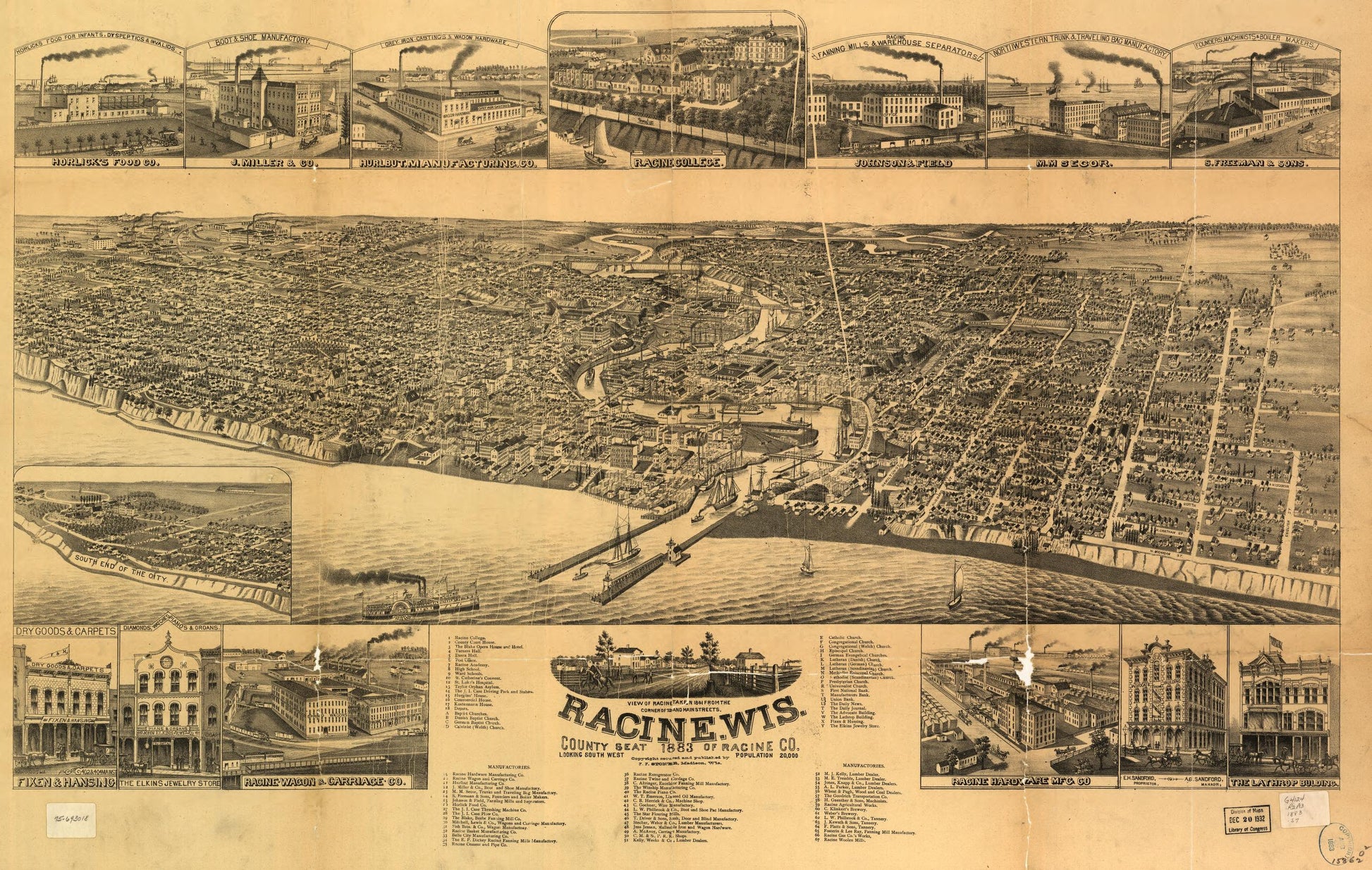 Racine, Wis. county seat of Racine Co. 1883. (1883) – Historic Bird’s-Eye View Panorama Print