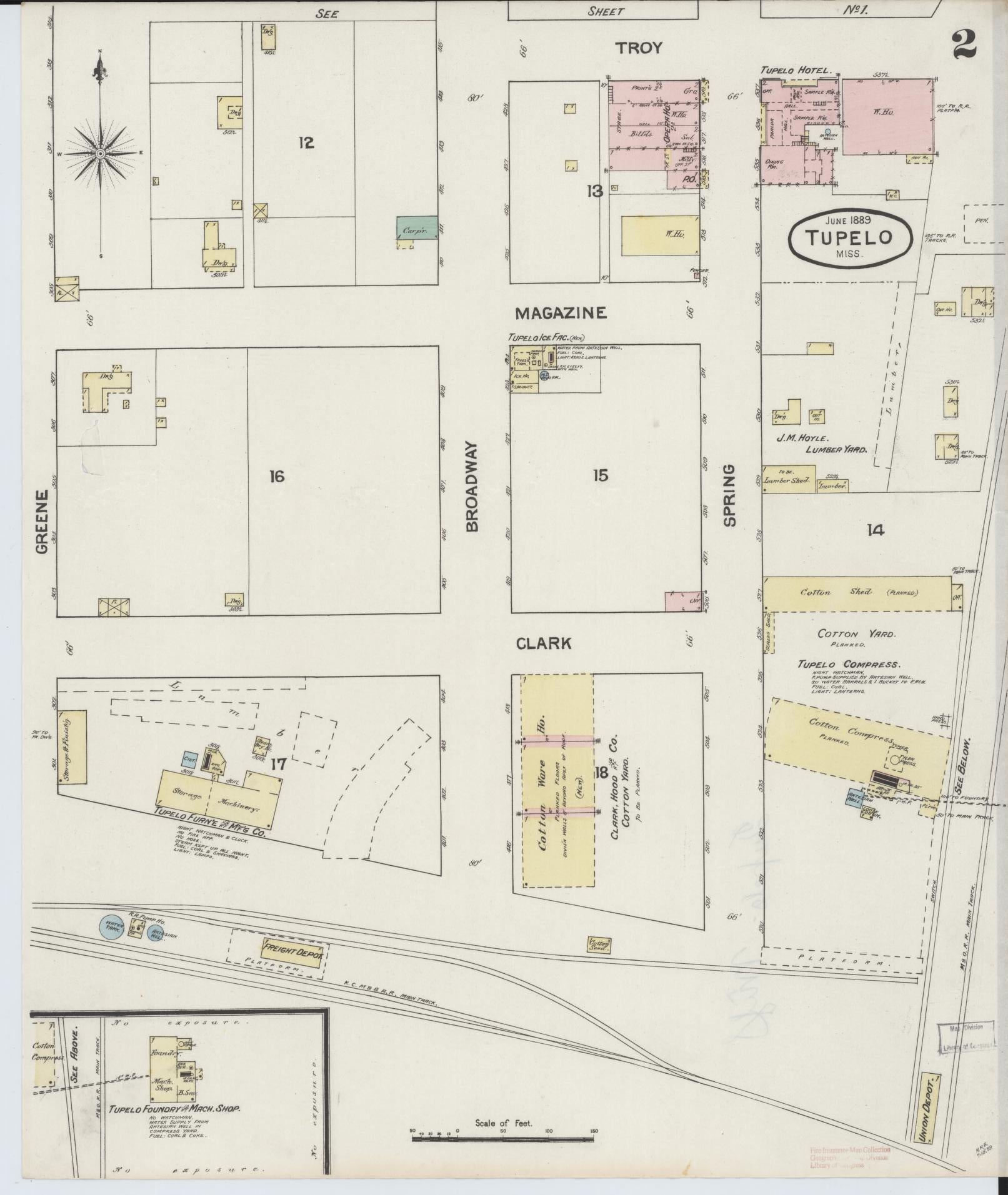 Sanborn Fire Insurance Map from Tupelo, Lee County, Mississippi (1889), Sheet #0002 - Historic Sanborn Fire Insurance Map Print, vintage old map wall art, antique decor, genealogy gift, Mississippi Mississippi map