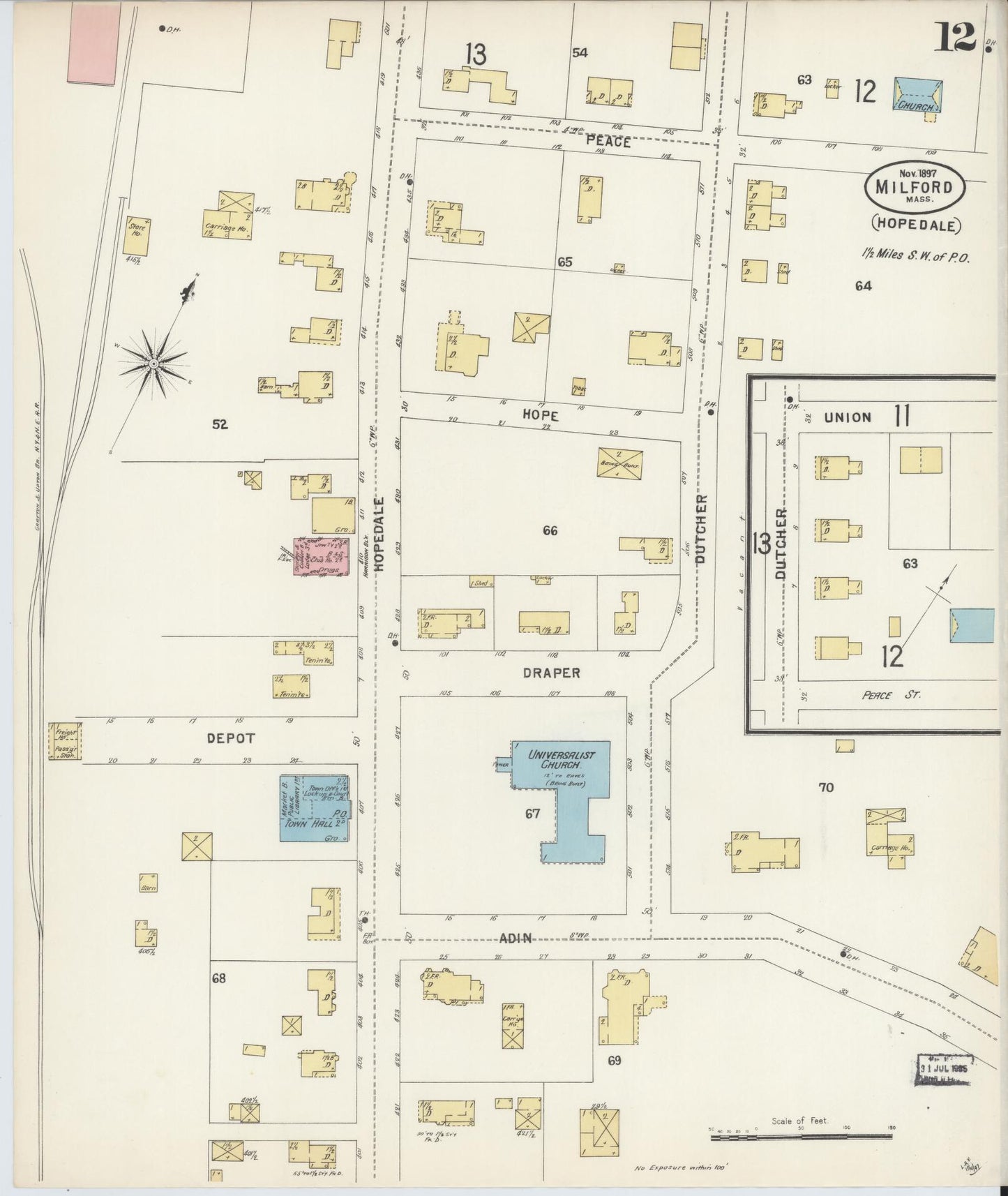 Sanborn Fire Insurance Map from Milford, Worcester County, Massachusetts (1897), Sheet #0012 - Complete Map Set gallery image, historic Sanborn map, vintage wall art, Massachusetts Massachusetts