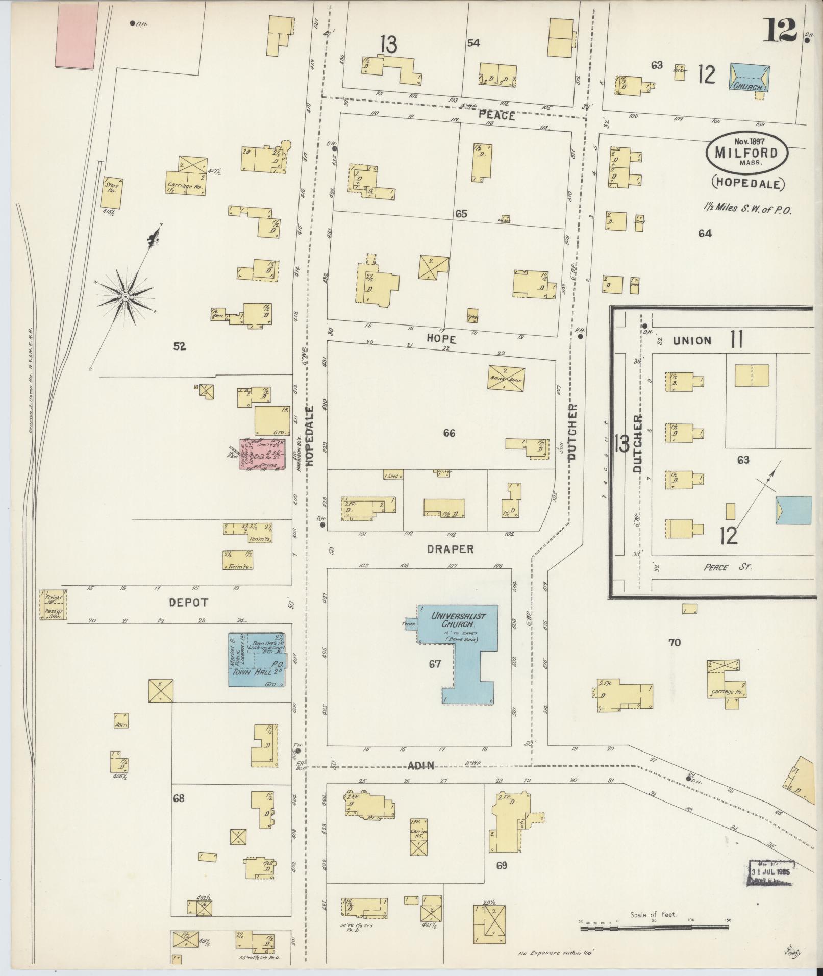 Sanborn Fire Insurance Map from Milford, Worcester County, Massachusetts (1897), Sheet #0012 - Complete Map Set gallery image, historic Sanborn map, vintage wall art, Massachusetts Massachusetts