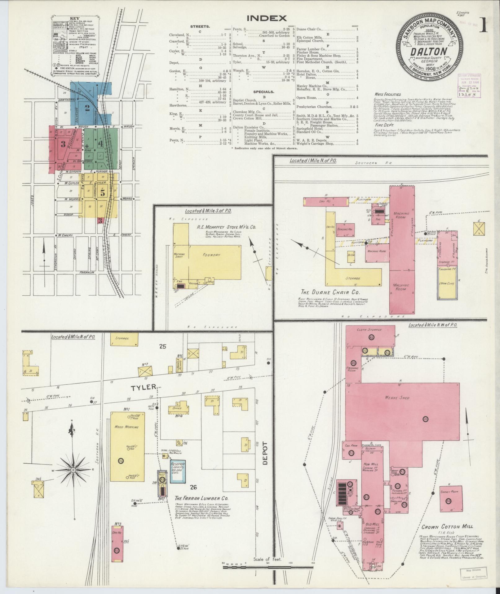Sanborn Fire Insurance Map from Dalton, Whitfield County, Georgia (1908), Sheet #0001 - Complete Map Set gallery image, historic Sanborn map, vintage wall art, Georgia Georgia