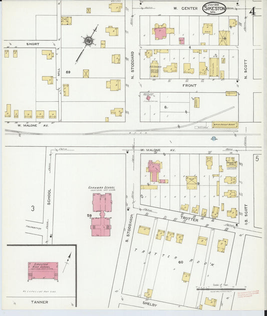 Sanborn Fire Insurance Map from Sikeston, Scott County, Missouri (1919), Sheet #0004 - Historic Sanborn Fire Insurance Map Print, vintage old map wall art, antique decor, genealogy gift, Missouri Missouri map