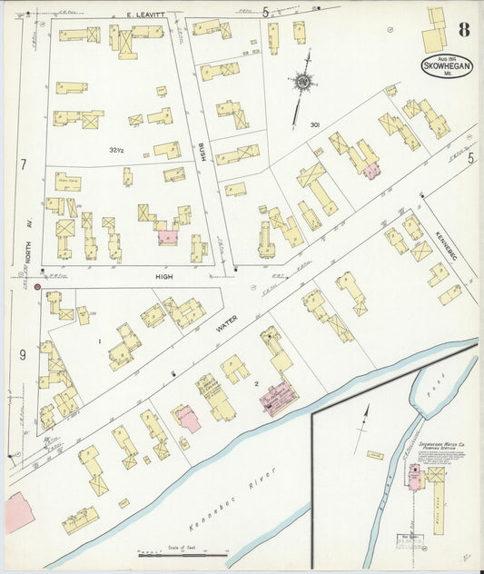 Sanborn Fire Insurance Map from Skowhegan, Somerset County, Maine (1914), Sheet #0008 - Historic Sanborn Fire Insurance Map Print, vintage old map wall art, antique decor, genealogy gift, Maine Maine map