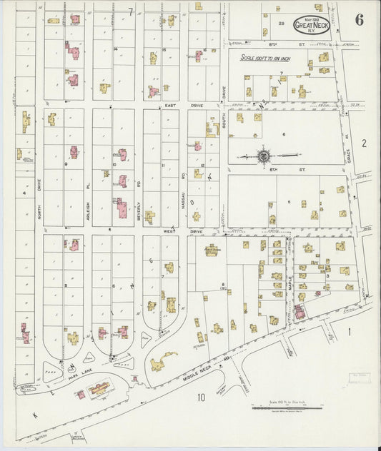 Sanborn Fire Insurance Map from Great Neck, Nassau County, New York (1919), Sheet #0006 - Historic Sanborn Fire Insurance Map Print, vintage old map wall art, antique decor, genealogy gift, New York New York map