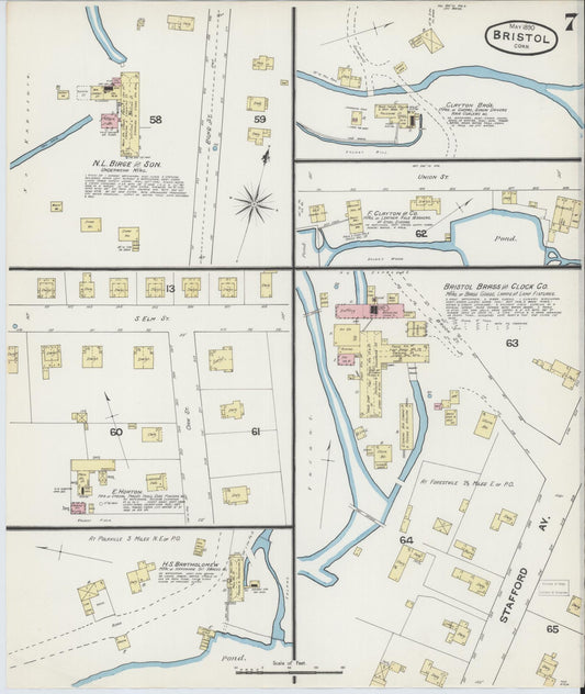 Sanborn Fire Insurance Map from Bristol, Hartford County, Connecticut (1890), Sheet #0006 - Historic Sanborn Fire Insurance Map Print, vintage old map wall art, antique decor, genealogy gift, Connecticut Connecticut map