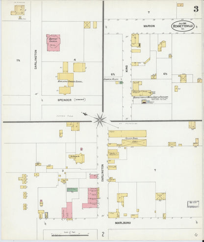 Sanborn Fire Insurance Map from Bennettsville, Marlboro County, South Carolina (1901), Sheet #0003 - Complete Map Set gallery image, historic Sanborn map, vintage wall art, South Carolina South Carolina