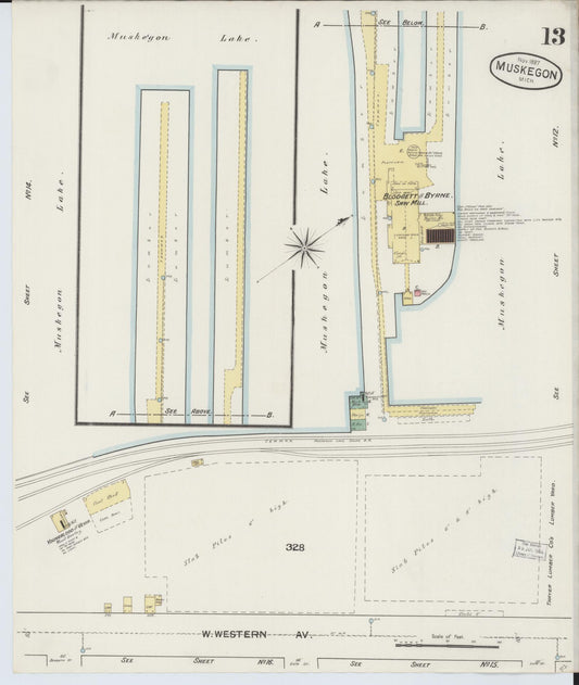 Sanborn Fire Insurance Map from Muskegon, Muskegon County, Michigan (1887), Sheet #0013 - Historic Sanborn Fire Insurance Map Print, vintage old map wall art, antique decor, genealogy gift, Michigan Michigan map
