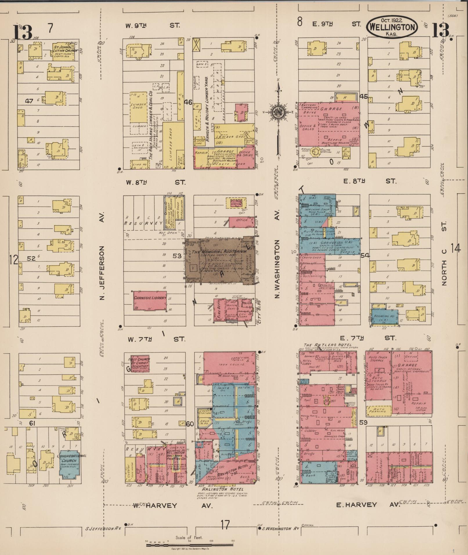 Sanborn Fire Insurance Map from Wellington, Sumner County, Kansas (1922), Sheet #0013 - Complete Map Set gallery image, historic Sanborn map, vintage wall art, Kansas Kansas