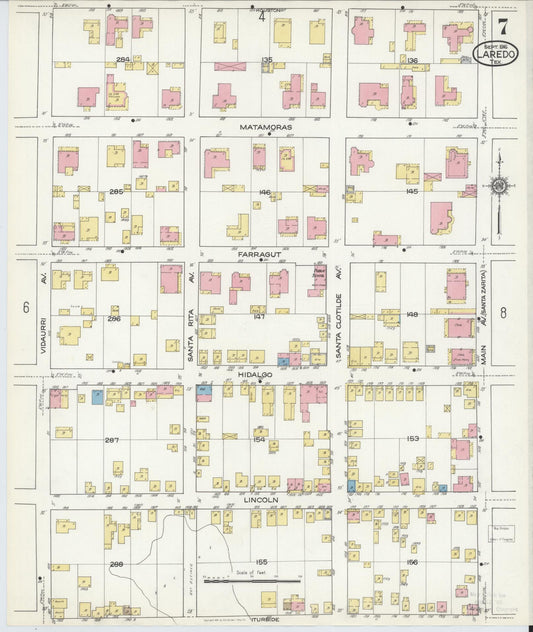 Sanborn Fire Insurance Map from Laredo, Webb County, Texas (1916), Sheet #0007 - Historic Sanborn Fire Insurance Map Print, vintage old map wall art, antique decor, genealogy gift, Texas Texas map