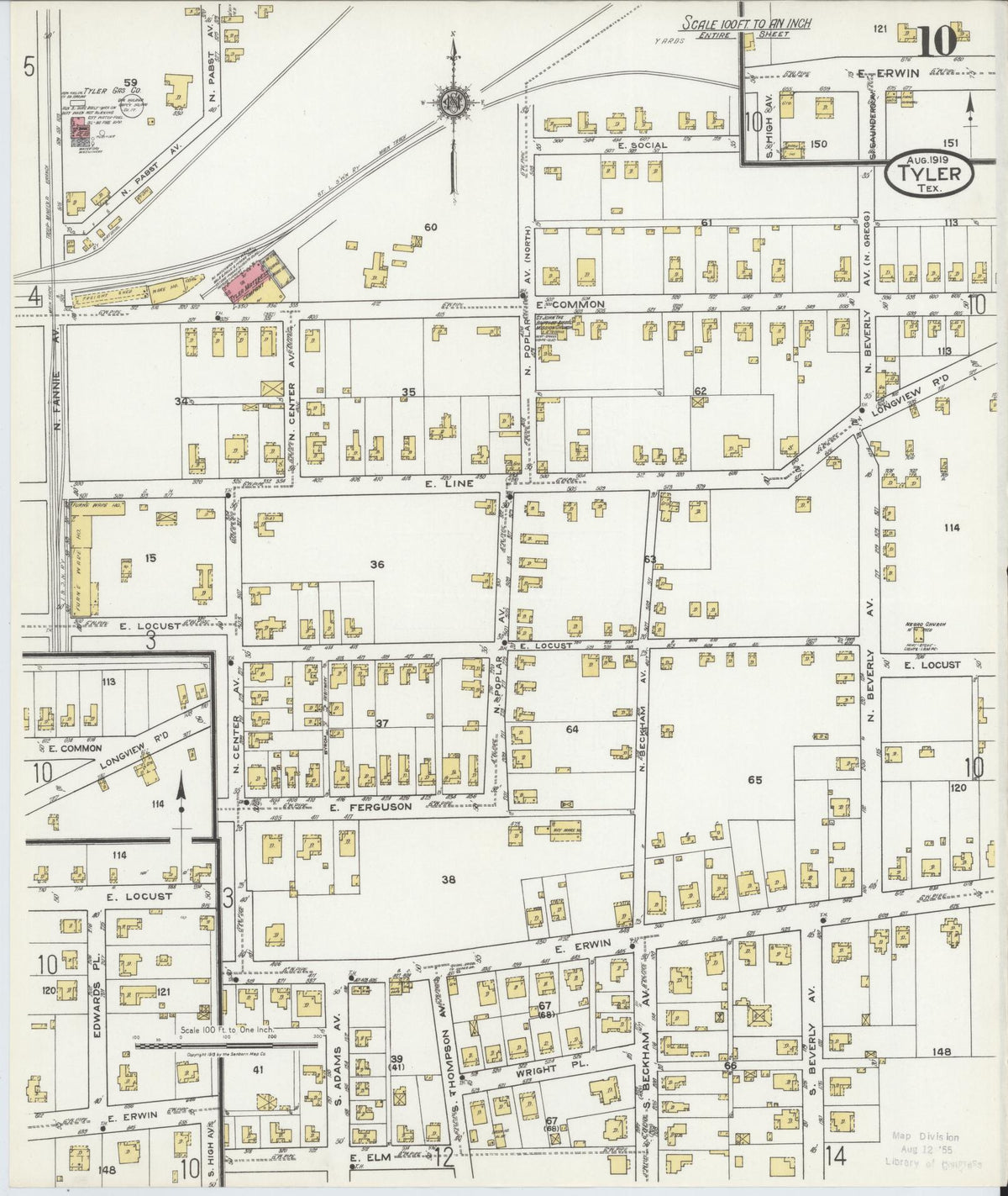 Sanborn Fire Insurance Map from Tyler, Smith County, Texas (1919), Sheet #0010 - Complete Map Set gallery image, historic Sanborn map, vintage wall art, Texas Texas