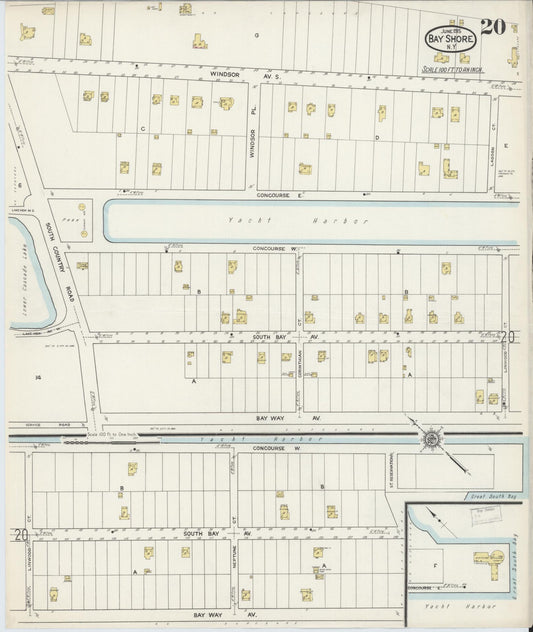 Sanborn Fire Insurance Map from Bay Shore, Suffolk County, New York (1915), Sheet #0020 - Historic Sanborn Fire Insurance Map Print, vintage old map wall art, antique decor, genealogy gift, New York New York map