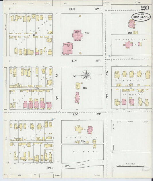 Sanborn Fire Insurance Map from Rock Island, Rock Island County, Illinois (1892), Sheet #0020 - Historic Sanborn Fire Insurance Map Print, vintage old map wall art, antique decor, genealogy gift, Illinois Illinois map
