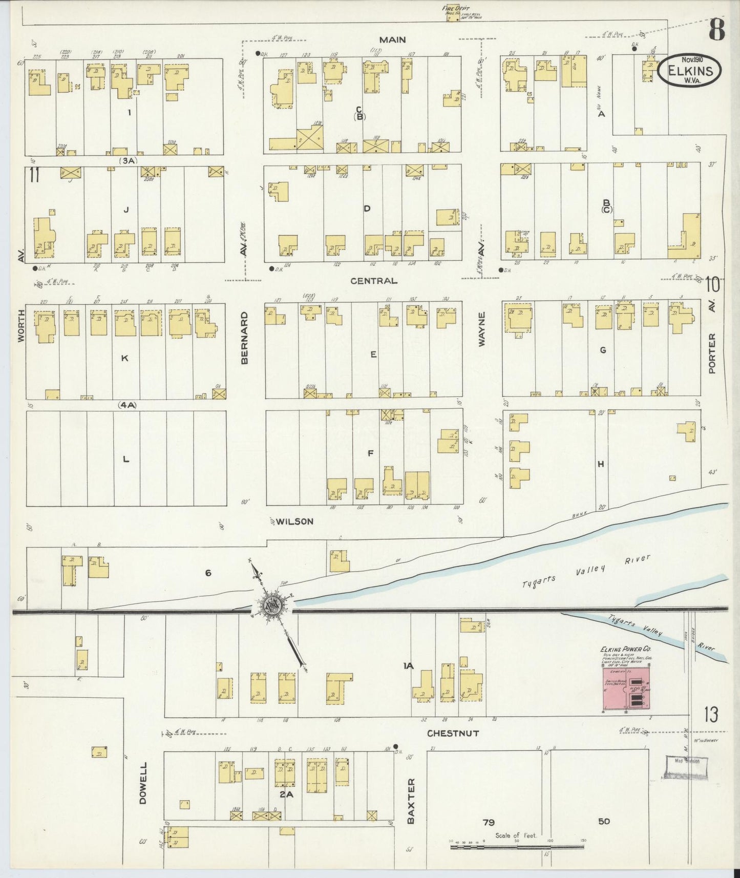 Sanborn Fire Insurance Map from Elkins, Randolph County, West Virginia (1910), Sheet #0008 - Historic Sanborn Fire Insurance Map Print, vintage old map wall art, antique decor, genealogy gift, West Virginia West Virginia map