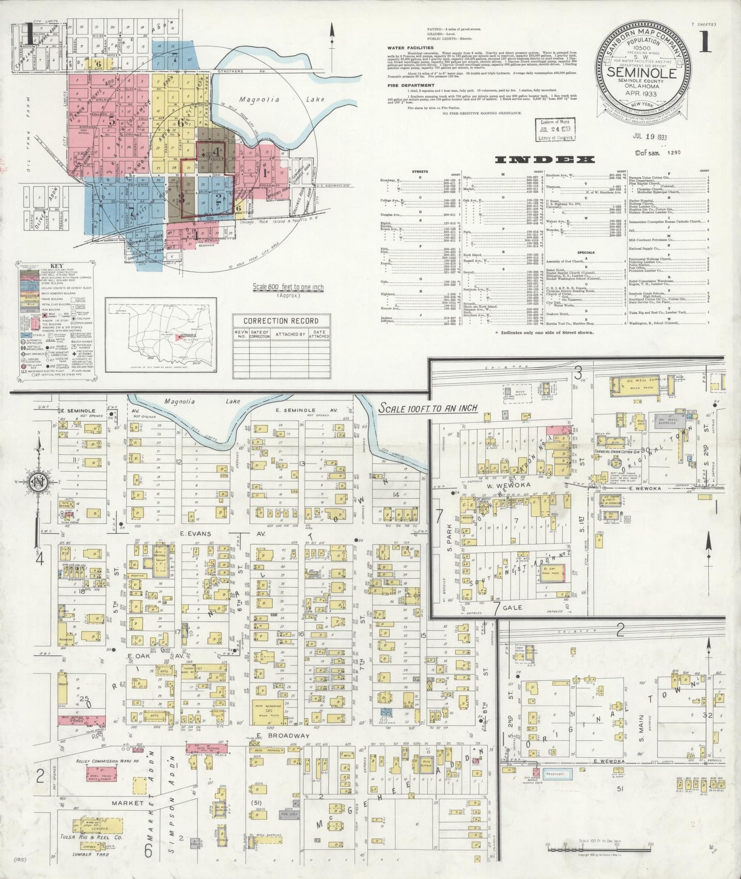 Sanborn Fire Insurance Map from Seminole, Seminole County, Oklahoma (1933), Sheet #0001 - Complete Map Set gallery image, historic Sanborn map, vintage wall art, Oklahoma Oklahoma