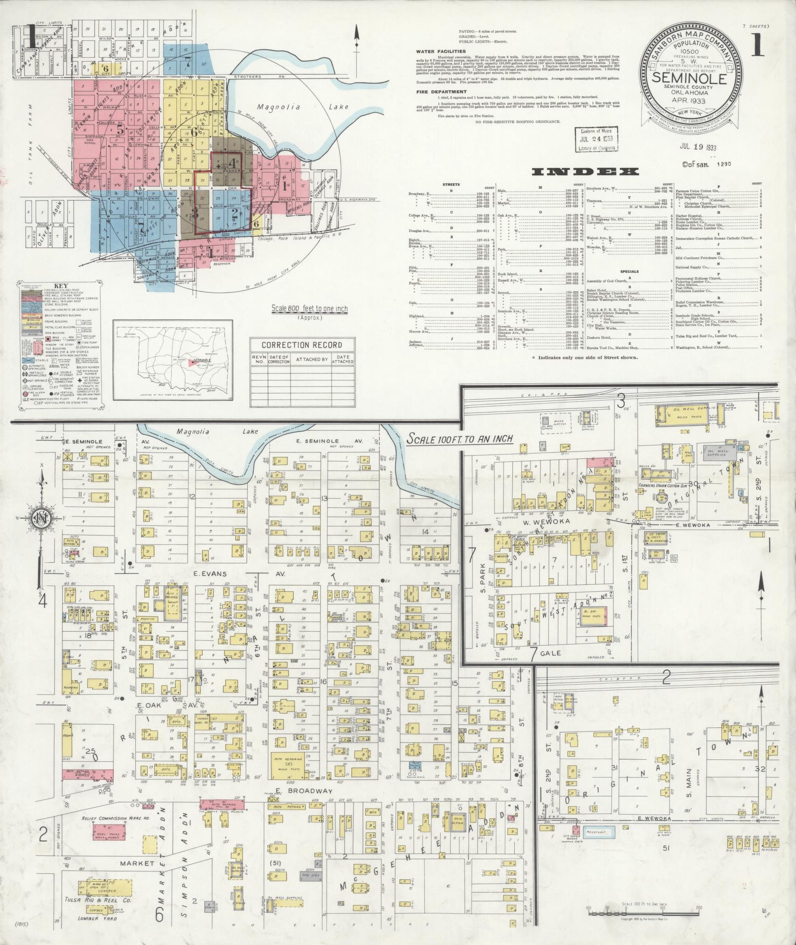 Sanborn Fire Insurance Map from Seminole, Seminole County, Oklahoma (1933), Sheet #0001 - Complete Map Set gallery image, historic Sanborn map, vintage wall art, Oklahoma Oklahoma