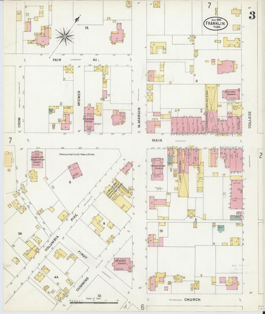 Sanborn Fire Insurance Map from Franklin, Williamson County, Tennessee (1903), Sheet #0003 - Historic Sanborn Fire Insurance Map Print, vintage old map wall art, antique decor, genealogy gift, Tennessee Tennessee map