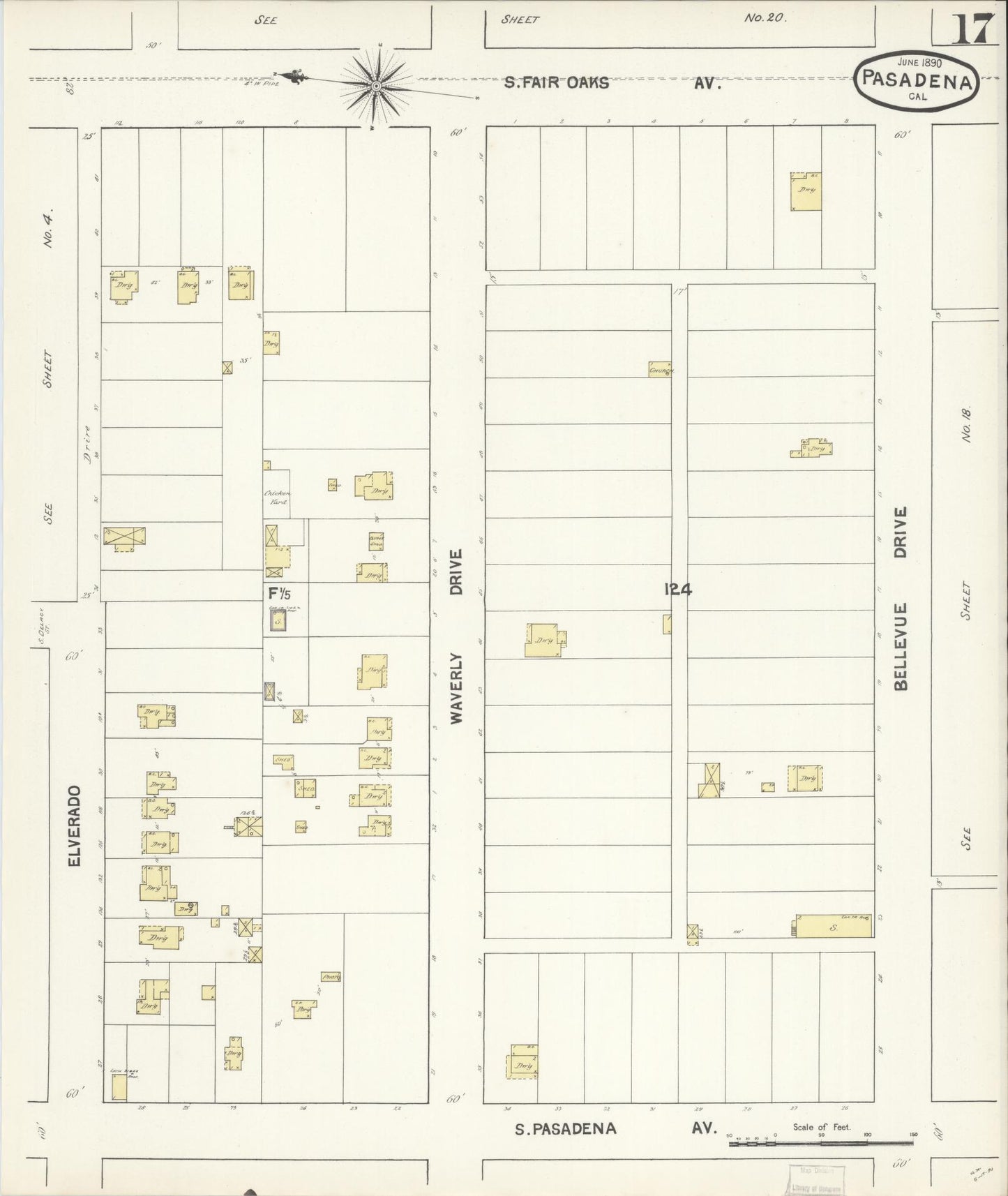 Sanborn Fire Insurance Map from Pasadena, Los Angeles County, California (1890), Sheet #0017 - Complete Map Set gallery image, historic Sanborn map, vintage wall art, California California