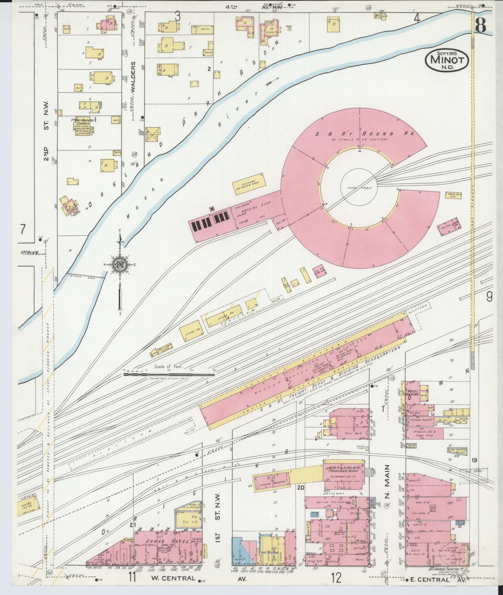 Sanborn Fire Insurance Map from Minot, Ward County, North Dakota (1918), Sheet #0008 - Complete Map Set gallery image, historic Sanborn map, vintage wall art, North Dakota North Dakota