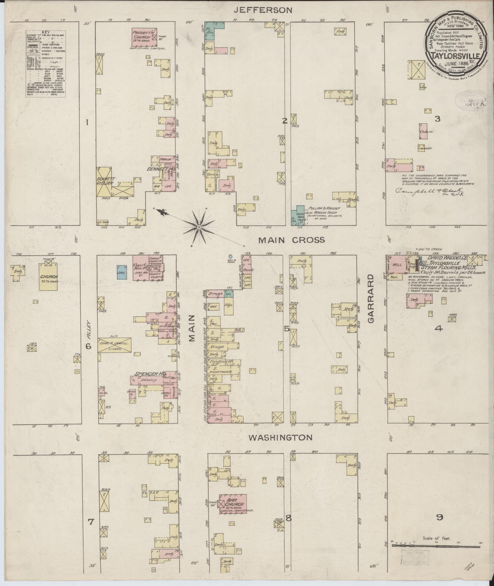 Sanborn Fire Insurance Map from Taylorsville, Spencer County, Kentucky (1886), Sheet #0001 - Historic Sanborn Fire Insurance Map Print, vintage old map wall art, antique decor, genealogy gift, Kentucky Kentucky map