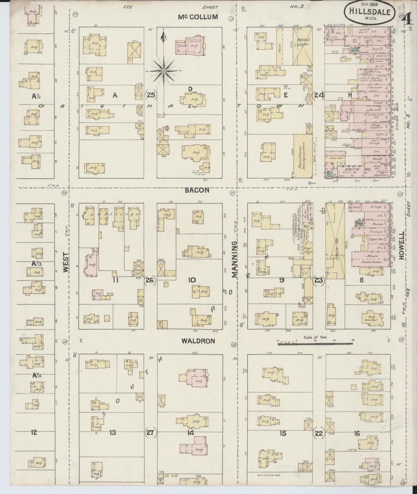Sanborn Fire Insurance Map from Hillsdale, Hillsdale County, Michigan (1888), Sheet #0004 - Complete Map Set gallery image, historic Sanborn map, vintage wall art, Michigan Michigan