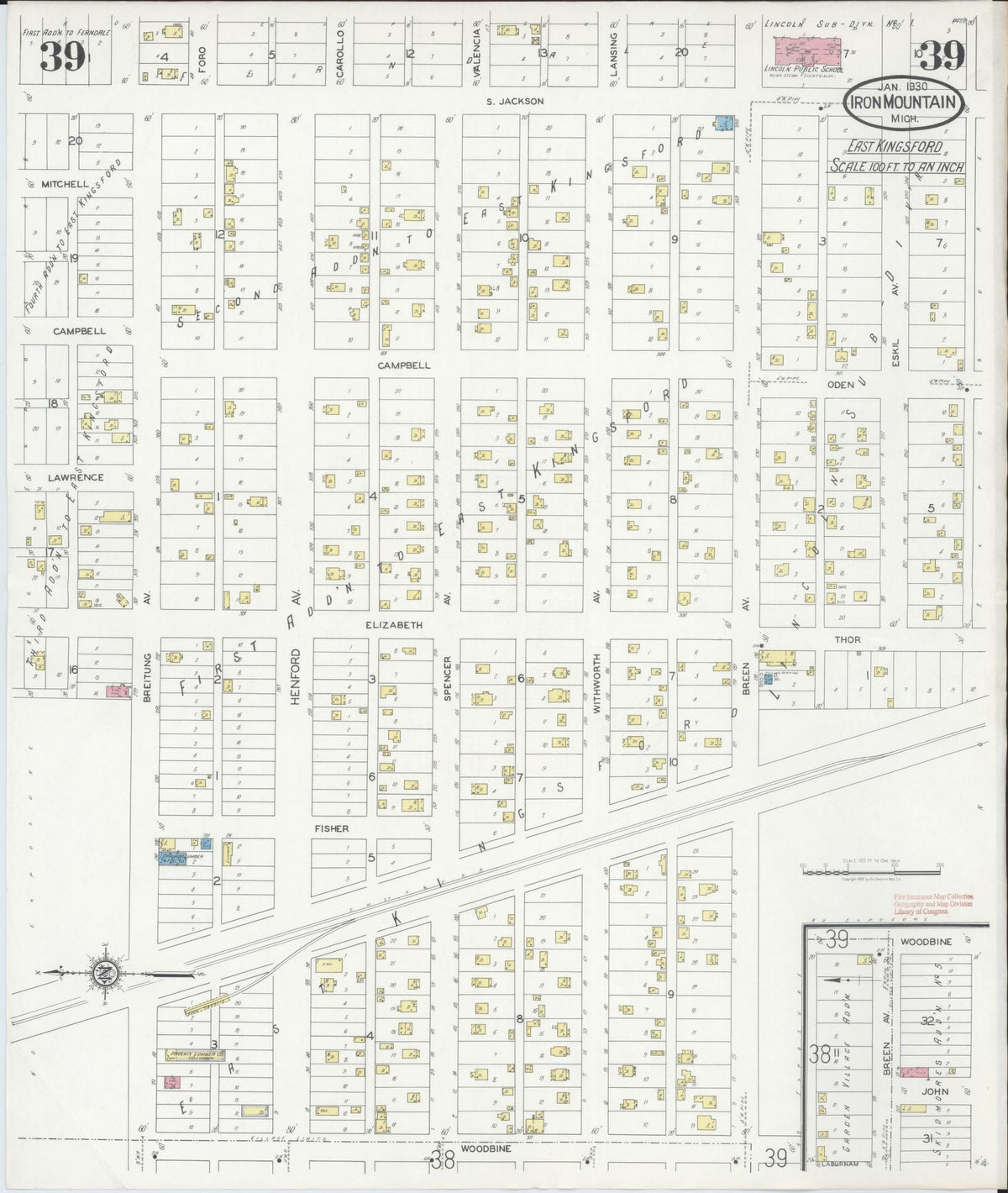 Sanborn Fire Insurance Map from Iron Mountain, Dickinson County, Michigan (1930), Sheet #0039 - Historic Sanborn Fire Insurance Map Print, vintage old map wall art, antique decor, genealogy gift, Michigan Michigan map
