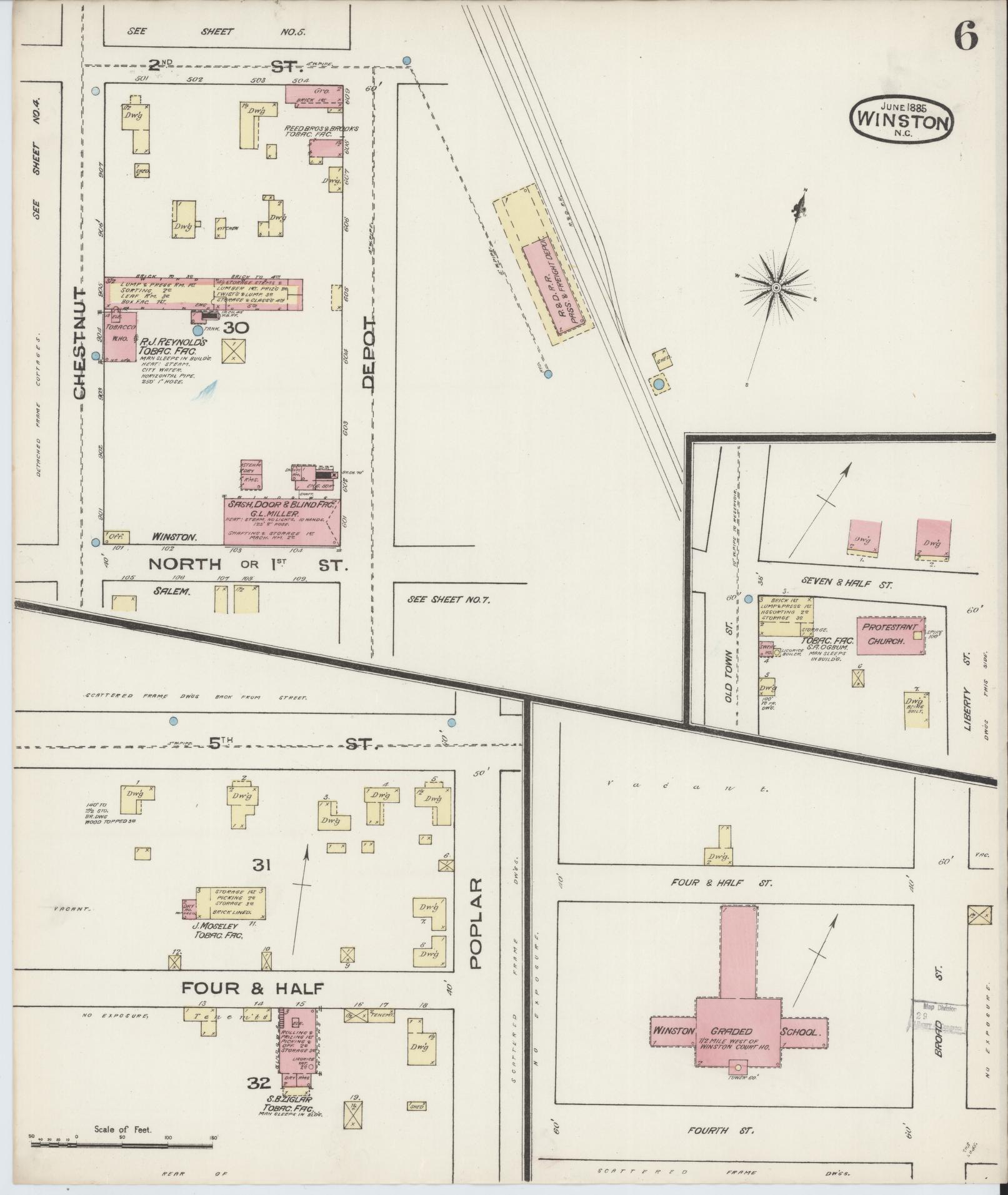 Sanborn Fire Insurance Map from Winston-Salem, Forsyth County, North Carolina (1885), Sheet #0006 - Complete Map Set gallery image, historic Sanborn map, vintage wall art, North Carolina North Carolina