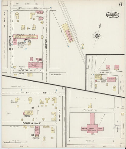 Sanborn Fire Insurance Map from Winston-Salem, Forsyth County, North Carolina (1885), Sheet #0006 - Complete Map Set gallery image, historic Sanborn map, vintage wall art, North Carolina North Carolina