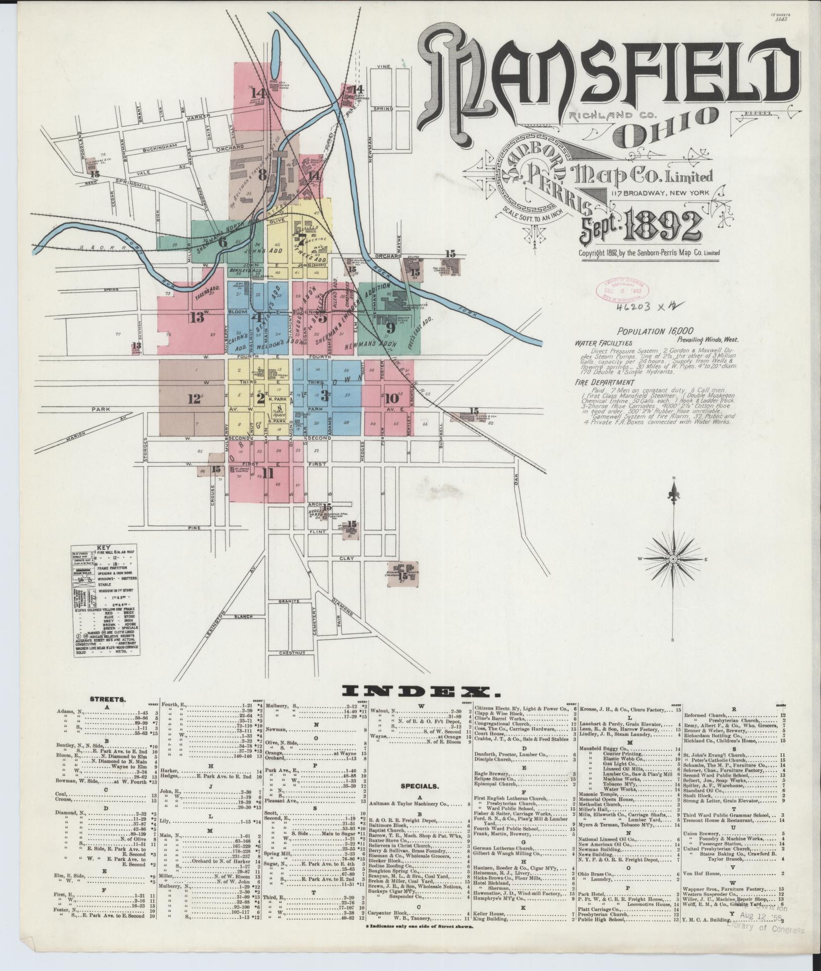 Sanborn Fire Insurance Map from Mansfield, Richland County, Ohio (1892), Sheet #0001 - Historic Sanborn Fire Insurance Map Print, vintage old map wall art, antique decor, genealogy gift, Ohio Ohio map