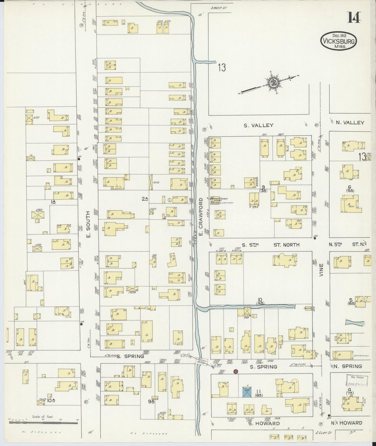 Sanborn Fire Insurance Map from Vicksburg, Warren County, Mississippi (1913), Sheet #0014 - Historic Sanborn Fire Insurance Map Print, vintage old map wall art, antique decor, genealogy gift, Mississippi Mississippi map