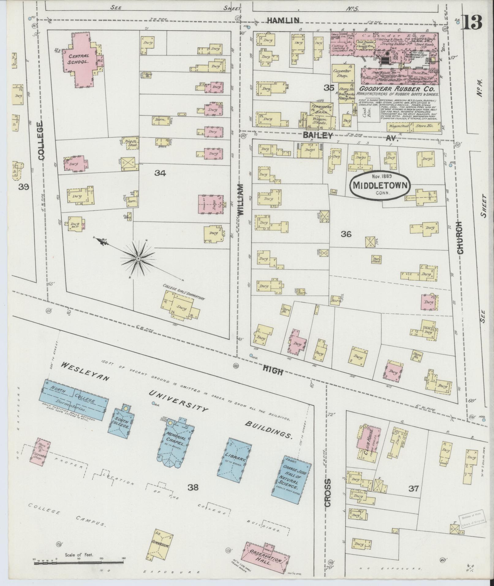 Sanborn Fire Insurance Map from Middletown, Middlesex County, Connecticut (1889), Sheet #0013 - Historic Sanborn Fire Insurance Map Print, vintage old map wall art, antique decor, genealogy gift, Connecticut Connecticut map