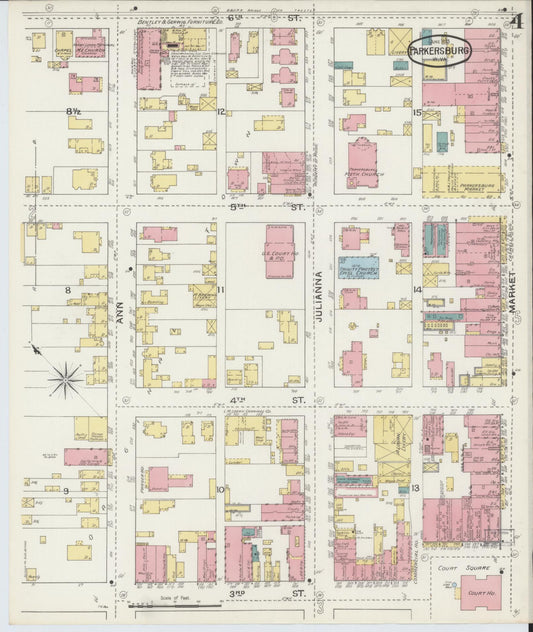 Sanborn Fire Insurance Map from Parkersburg, Wood County, West Virginia (1893), Sheet #0004 - Historic Sanborn Fire Insurance Map Print, vintage old map wall art, antique decor, genealogy gift, West Virginia West Virginia map
