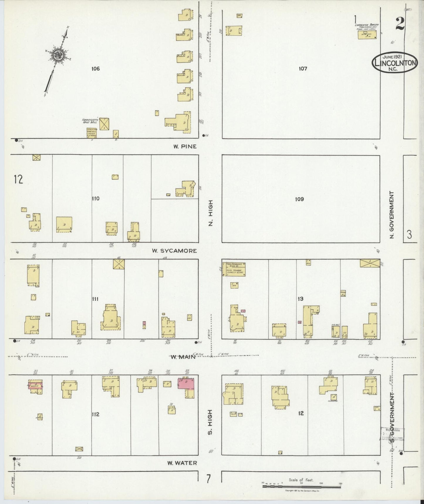 Sanborn Fire Insurance Map from Lincolnton, Lincoln County, North Carolina (1921), Sheet #0002 - Complete Map Set gallery image, historic Sanborn map, vintage wall art, North Carolina North Carolina
