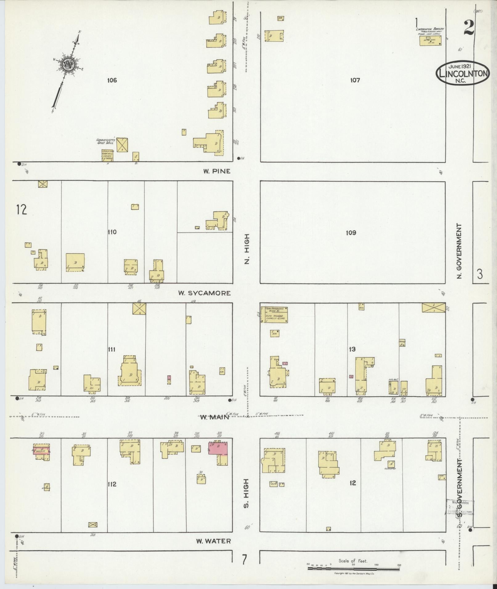 Sanborn Fire Insurance Map from Lincolnton, Lincoln County, North Carolina (1921), Sheet #0002 - Complete Map Set gallery image, historic Sanborn map, vintage wall art, North Carolina North Carolina