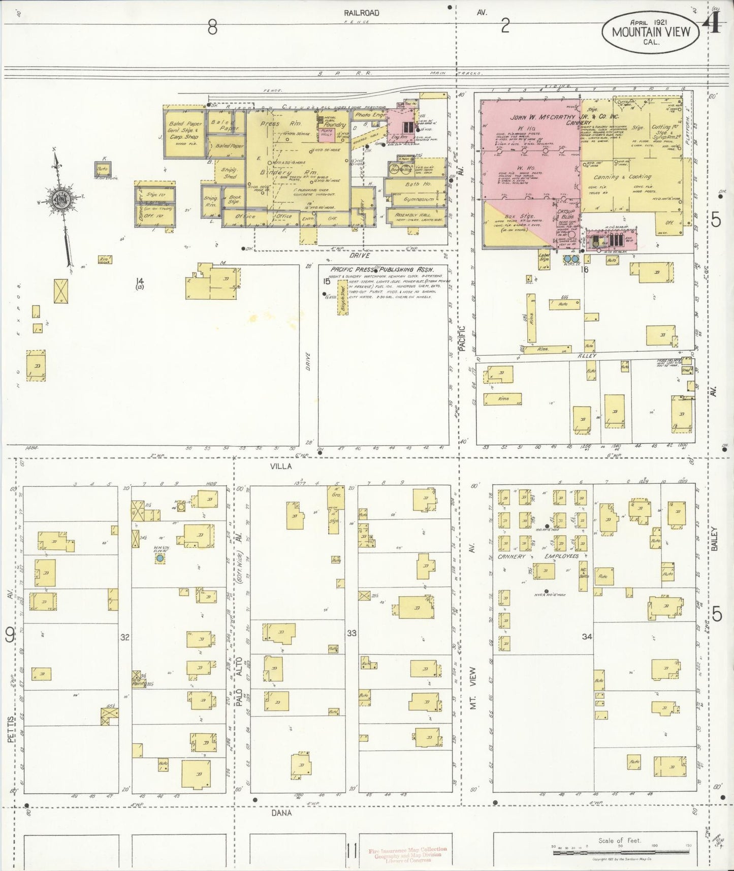 Sanborn Fire Insurance Map from Mountain View, Santa Clara County, California (1921), Sheet #0004 - Historic Sanborn Fire Insurance Map Print, vintage old map wall art, antique decor, genealogy gift, California California map