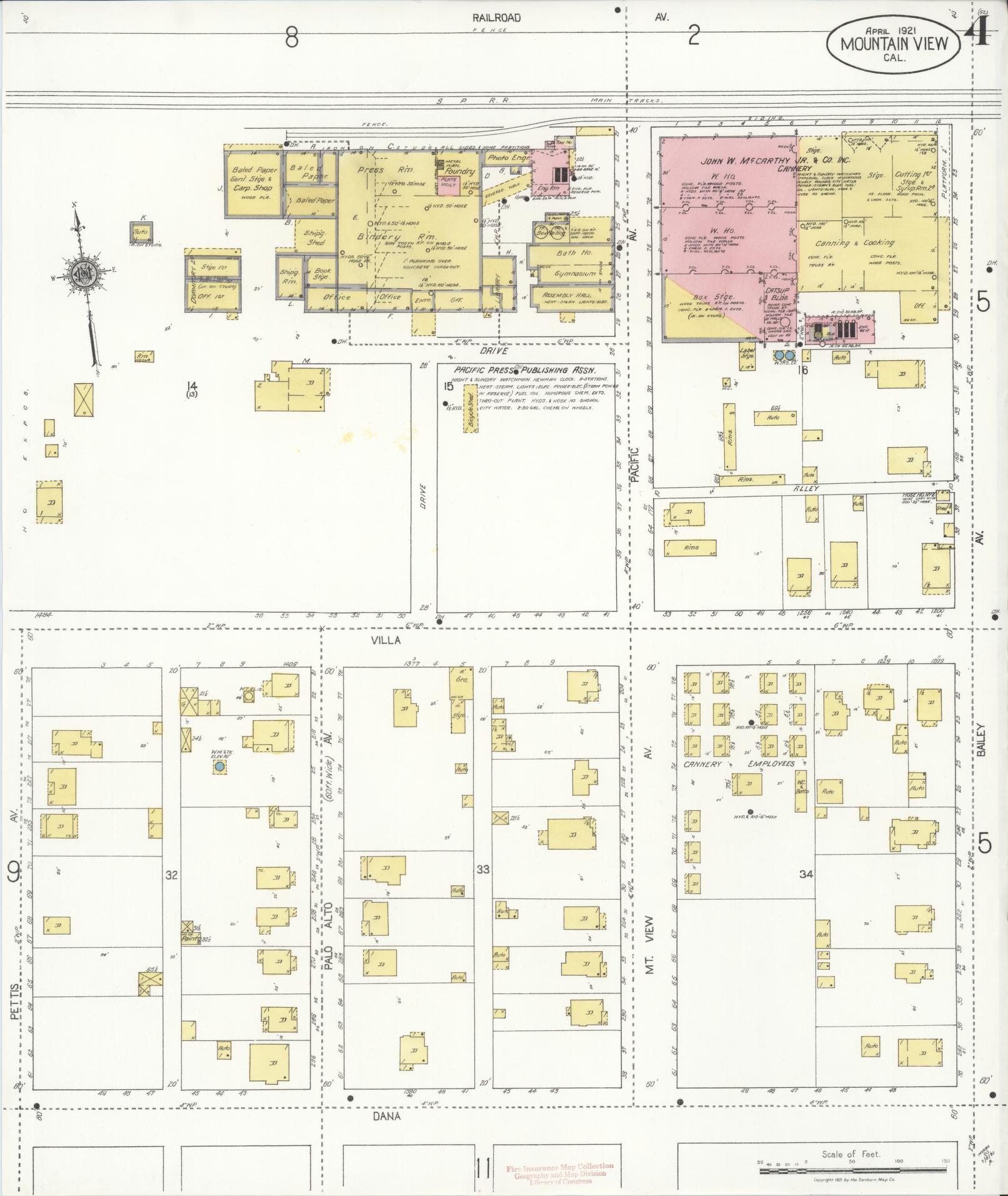 Sanborn Fire Insurance Map from Mountain View, Santa Clara County, California (1921), Sheet #0004 - Historic Sanborn Fire Insurance Map Print, vintage old map wall art, antique decor, genealogy gift, California California map