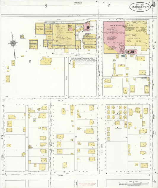 Sanborn Fire Insurance Map from Mountain View, Santa Clara County, California (1921), Sheet #0004 - Historic Sanborn Fire Insurance Map Print, vintage old map wall art, antique decor, genealogy gift, California California map