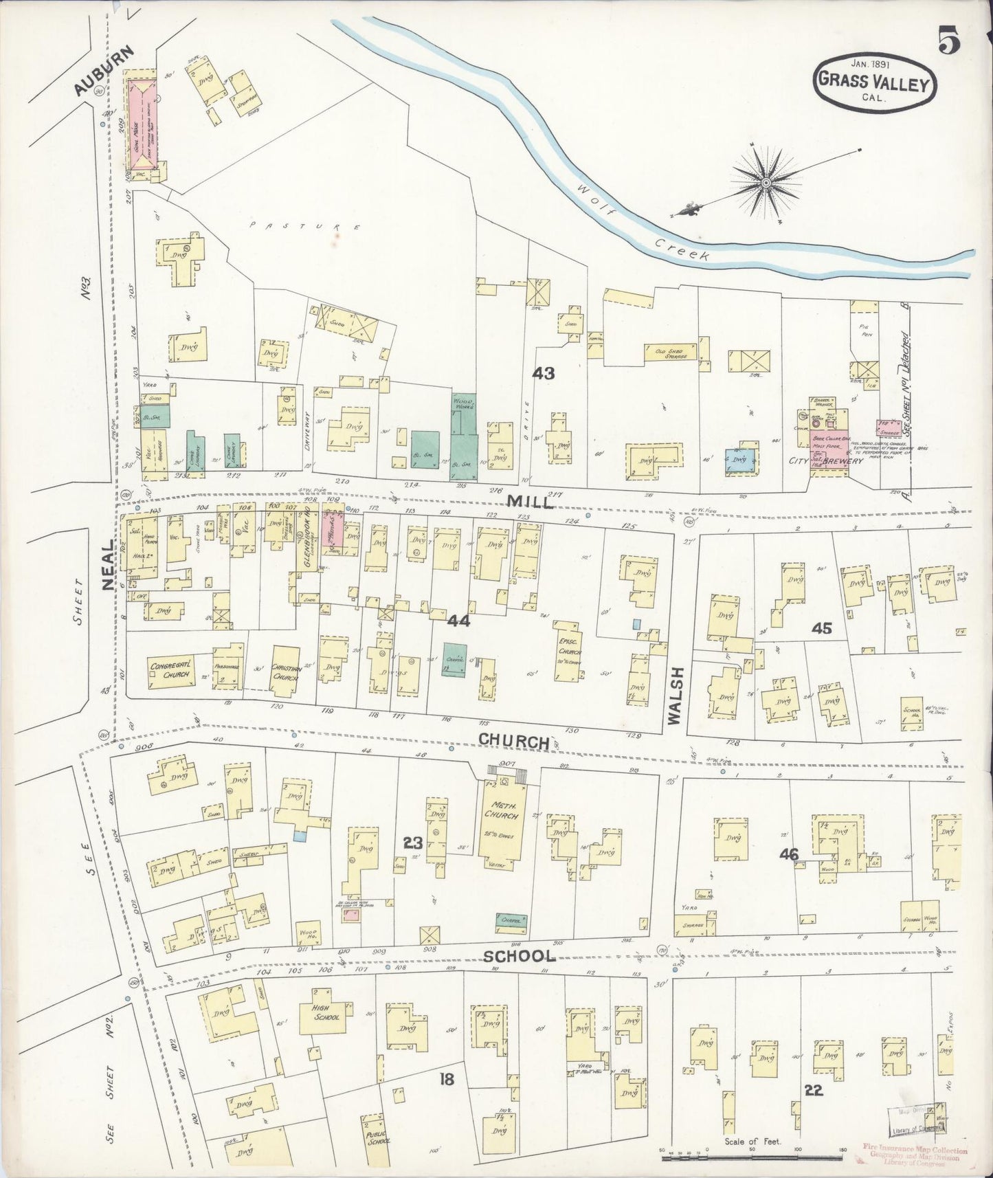 Sanborn Fire Insurance Map from Grass Valley, Nevada County, California (1891), Sheet #0005 - Historic Sanborn Fire Insurance Map Print, vintage old map wall art, antique decor, genealogy gift, Grass Valley Nevada map