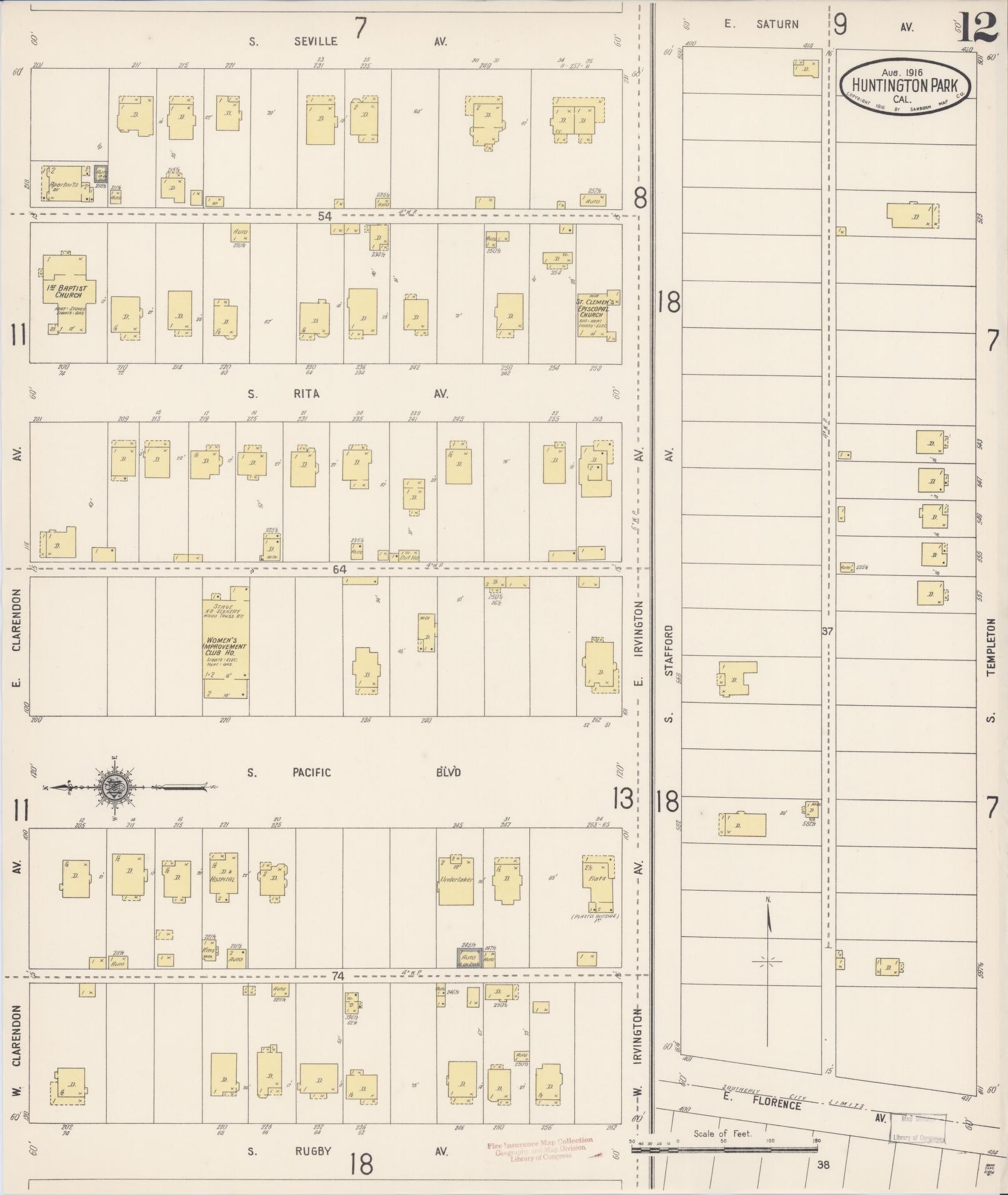 Sanborn Fire Insurance Map from Huntington Park, Los Angeles County, California (1916), Sheet #0012 - Historic Sanborn Fire Insurance Map Print, vintage old map wall art, antique decor, genealogy gift, California California map